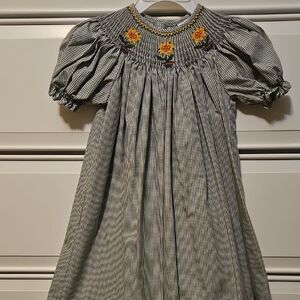 Charming Green Checkered Kids Dress with Floral Embroidery